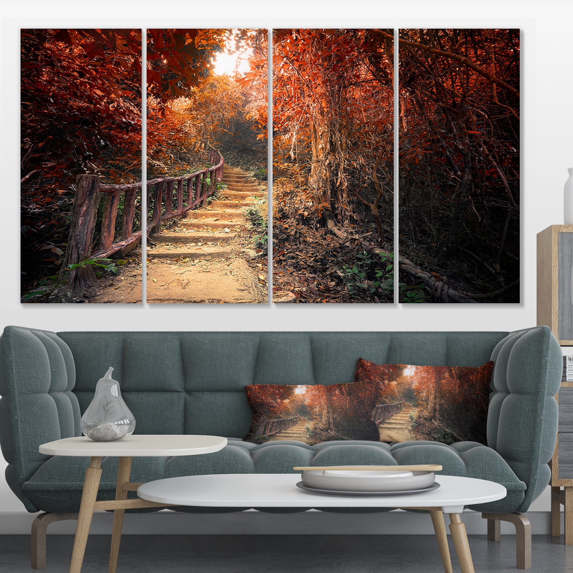 Designart 'Stairway Through Red Fall Forest ' Landscape Photography Canvas Print