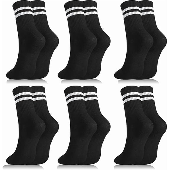 Womens White Crew Socks 6 Pair Striped Trim Casual Crew Socks Mid Calf Ankle Sock Vintage Retro Gym Running
