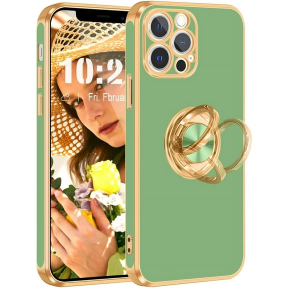 iPhone 12 Pro Case,iPhone 12 Pro Phone Case[with 360°Ring Holder Stand][Support Magnetic Car Mount] Kickstand Shiny Gold Edge Slim Soft TPU Shockproof Protective Cover Case for Women Men,Green