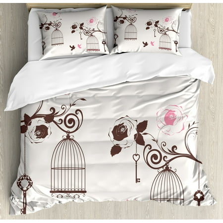 Vintage Queen Size Duvet Cover Set, Bird Cages and Keys Hanging from Swirling Rose Branches Doves, Decorative 3 Piece Bedding Set with 2 Pillow Shams, Pale Pink Dark Brown and Coconut, by