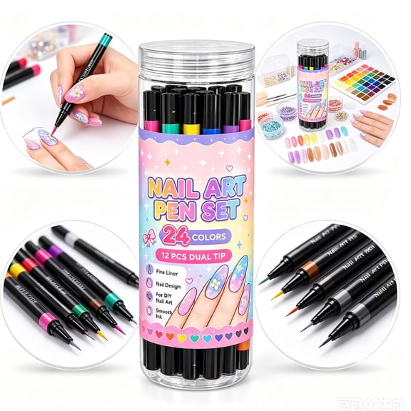 24 Colors Dual Ended Nail Art Pens Set,Quick-Drying 2-in-1 Pens for Drawing, Dotting and Detailed DIY Manicure Designs At Home or In Salons