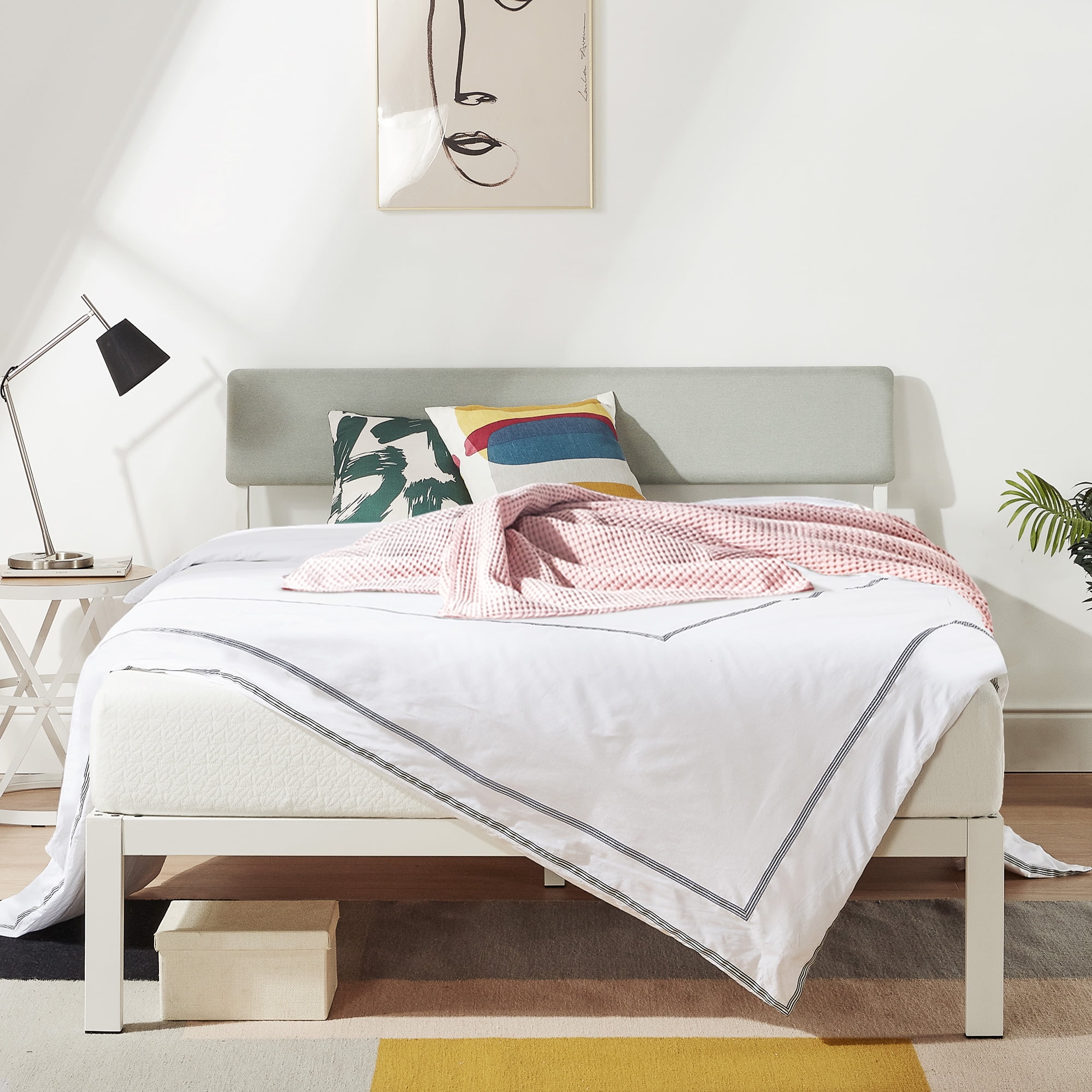 Mellow Kera Metal Platform Bed with Angled Upholstered Headboard, Solid Wooden Slats, Sky Gray, Full