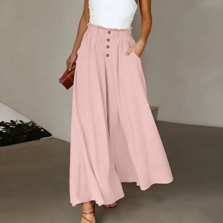 Pants for Women Flowy Dressy Pant Fashion High Waisted Solid Casual Button Elastic Waist Long Pants with Pockets Comfy Loose Fit Dress Pants