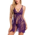 thumbnail image 1 of Pyjama en Dentelle pour Femmes, Nuisette Babydoll Florale, String, Violet, 1 of 4