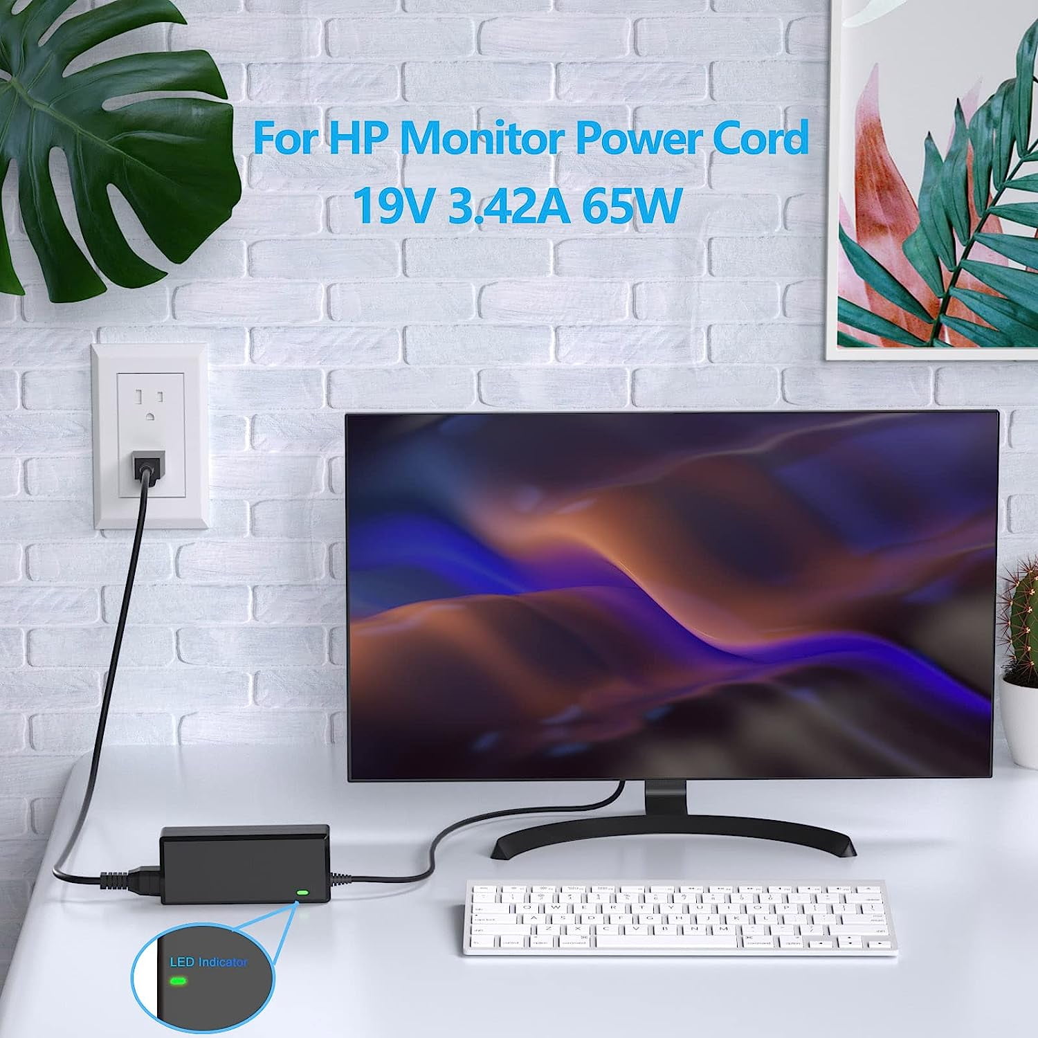 VHBW for HP Monitor Power Cord 19V Power Supply, Replacement Adapter for HP Monitor 8.2FT