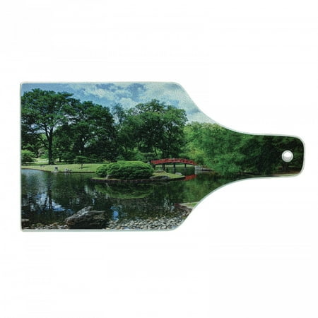 

Japanese Cutting Board Lake Red Bridge in Gardens Trees Natural Paradise Theme Loneliness in Nature Decorative Tempered Glass Cutting and Serving Board Wine Bottle Shape Green Blue by Ambesonne