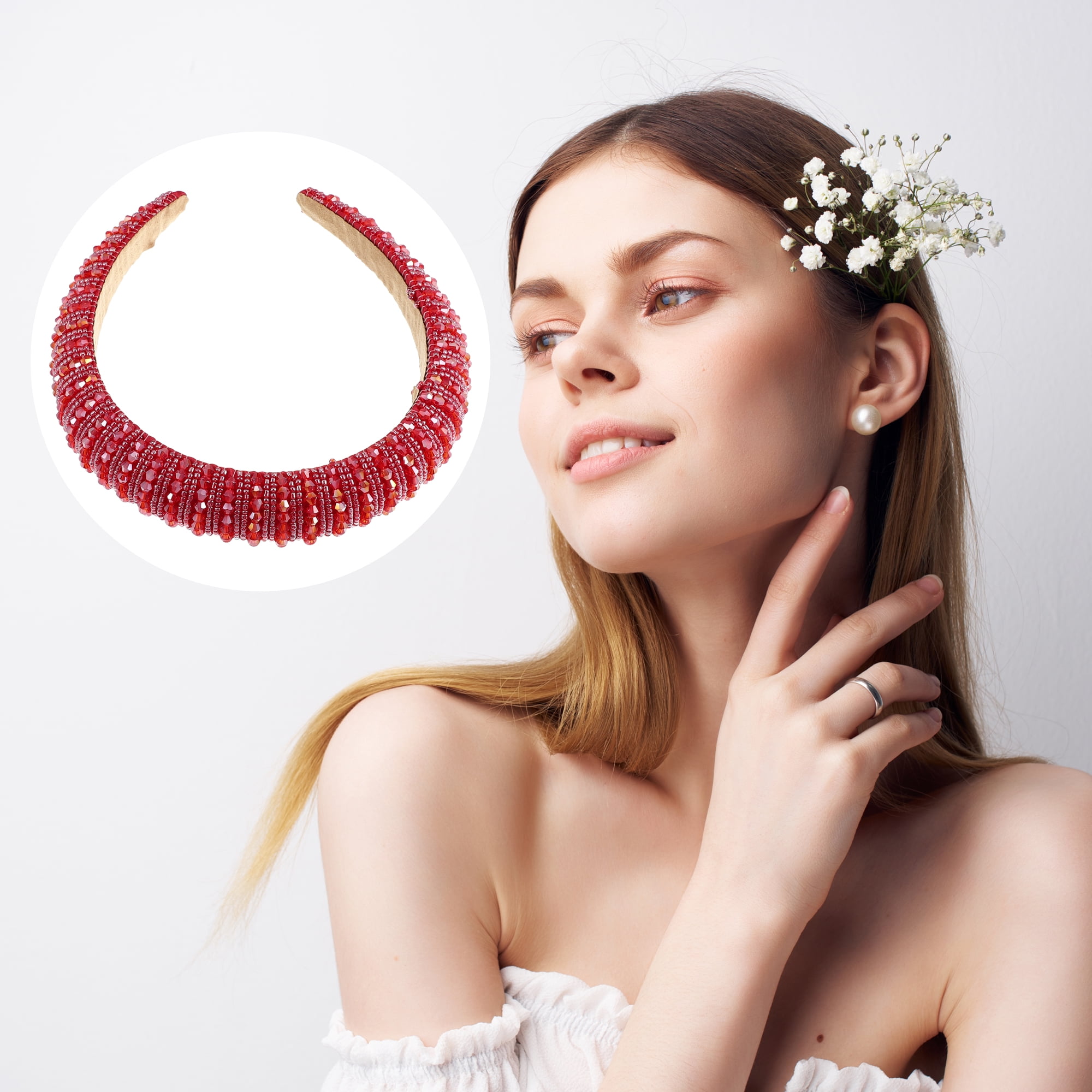 Unique Bargains Crystal Headband Rhinestone Hairband for Women 1.2 Inch Wide Red