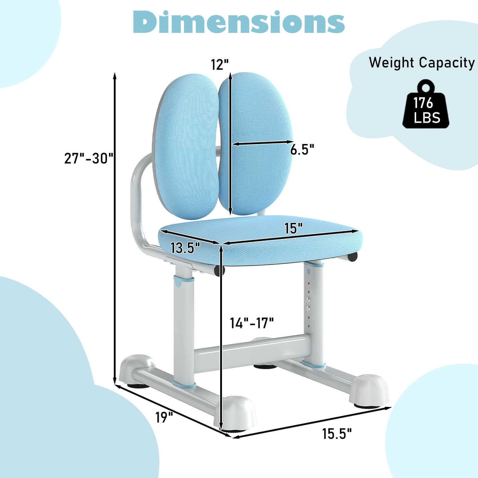 Costway Kids Desk Chair with Double Back Support Adjustable Height Upholstered Computer Chair Blue