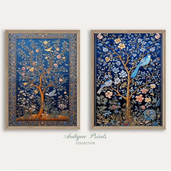 UNFFRAMED Traditional India Blue Tapestry Wall Art, Antique Indian Textile Set Poster, Vintage Palempore Art, Indian Pattern Wall Decor, Set 2 Prints 8x12