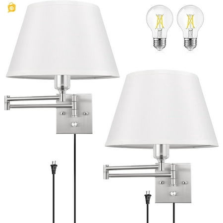 

Dimmable Wall Sconce Plug in Brushed Nickel Wall Sconces Set of Two Swing Arm Wall Lights with Plug in Cord and On/Off Dimmer Rotary Switch 11.8” Large White Fabric Shade(2 Pack 2 Bulb