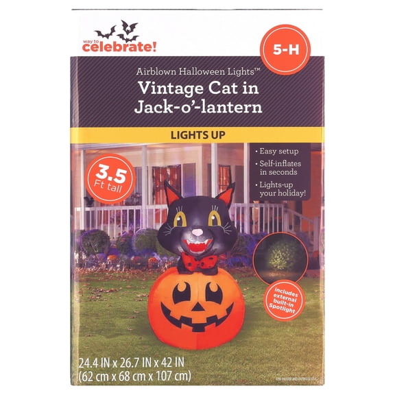 Vintage Cat in Jack-o'-Lantern Airblown Yard Inflatable, Multicolor, 3.5', Halloween by Way To Celebrate