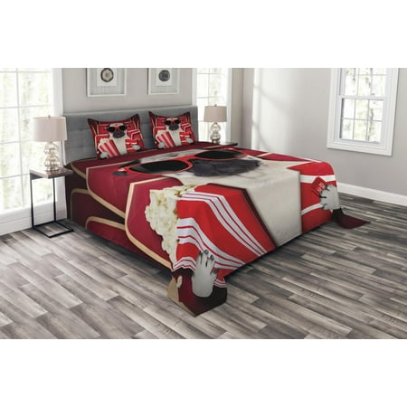 Photo Print Bedding Pug Bedspread Set, Funny Dog Watching Movie Popcorn Soft Drink and Glasses Animal Photograph Print, Decorative Quilted Coverlet Set with Pillow Shams Included, Red Cream Ruby, by Ambesonne ()