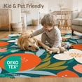 thumbnail image 4 of ODIKA 4'x6' Teal Orange Blossom and Citrus Garden Washable Area Rug Lush Floral Fruit Motifs in a Vibrant Display Stain Resistant, Low Pile, Easy Care for Dorm Room, Small Living, 4 of 7