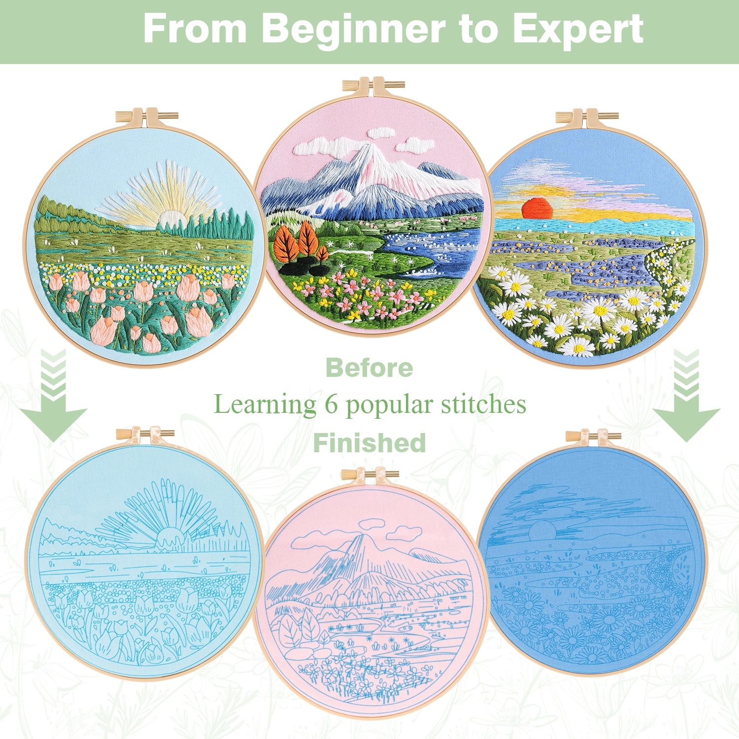 RidaaFri 3 Sets Floral Embroidery Kit Beginners, DIY Adults Craft Set, Step-by-Step Guide Video