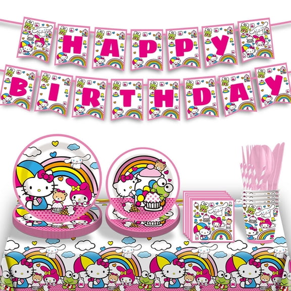 10-Piece Set Themed Birthday Party Decorations Supplies, Cute Kitty Disposable Paper Plates, Cups, Tableware Sets