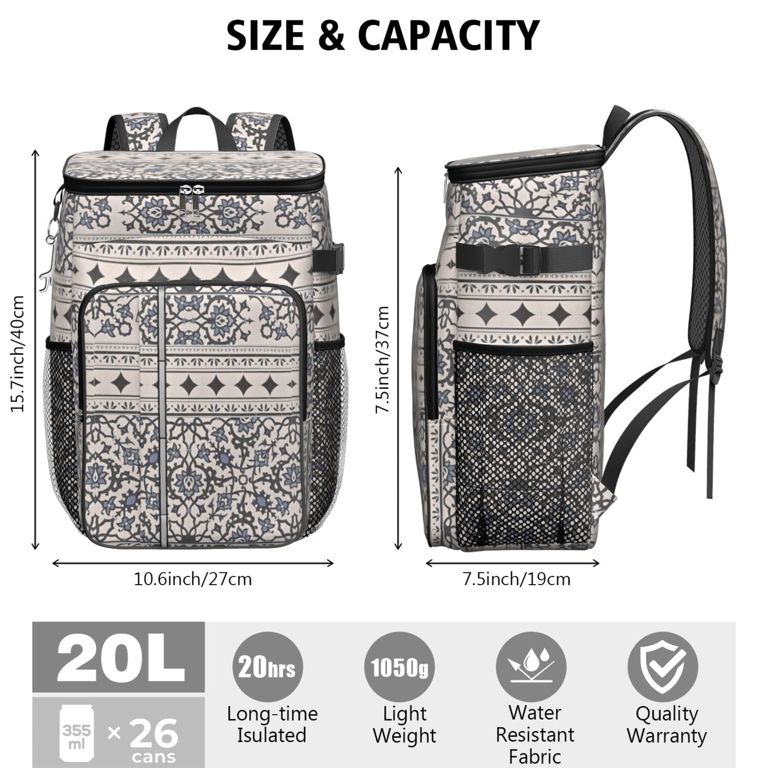 Travel Cooler Bag - Boho Bohemia Pioneer Flower Geometric Line Art Camping Beer Cooler Backpack with Bottle Opener- Waterproof Insulated Picnic Backpacks - Cooler Bag for Beach