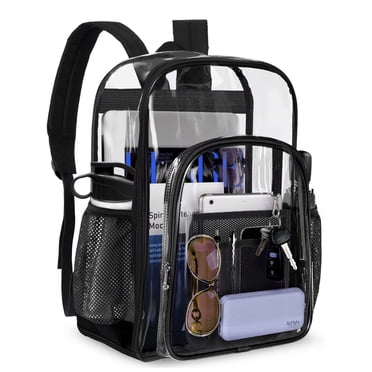 Sanmadrola Clear Backpack Clear Bag Heavy Duty Waterproof Transparent Large PVC Backpacks for Teenagers Women Men for Stadium School College Travel Work Hiking, Black