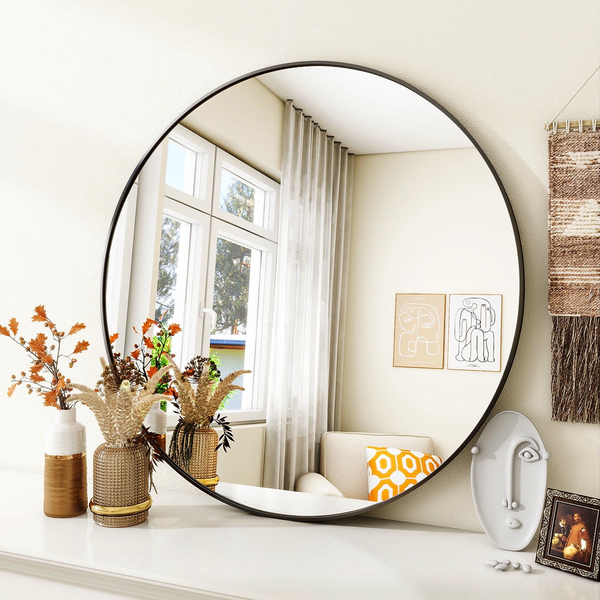 GRAHMCY 24" Round Bathroom Mirror Modern Circle Mirror Hanging or Wall Mounted, Black