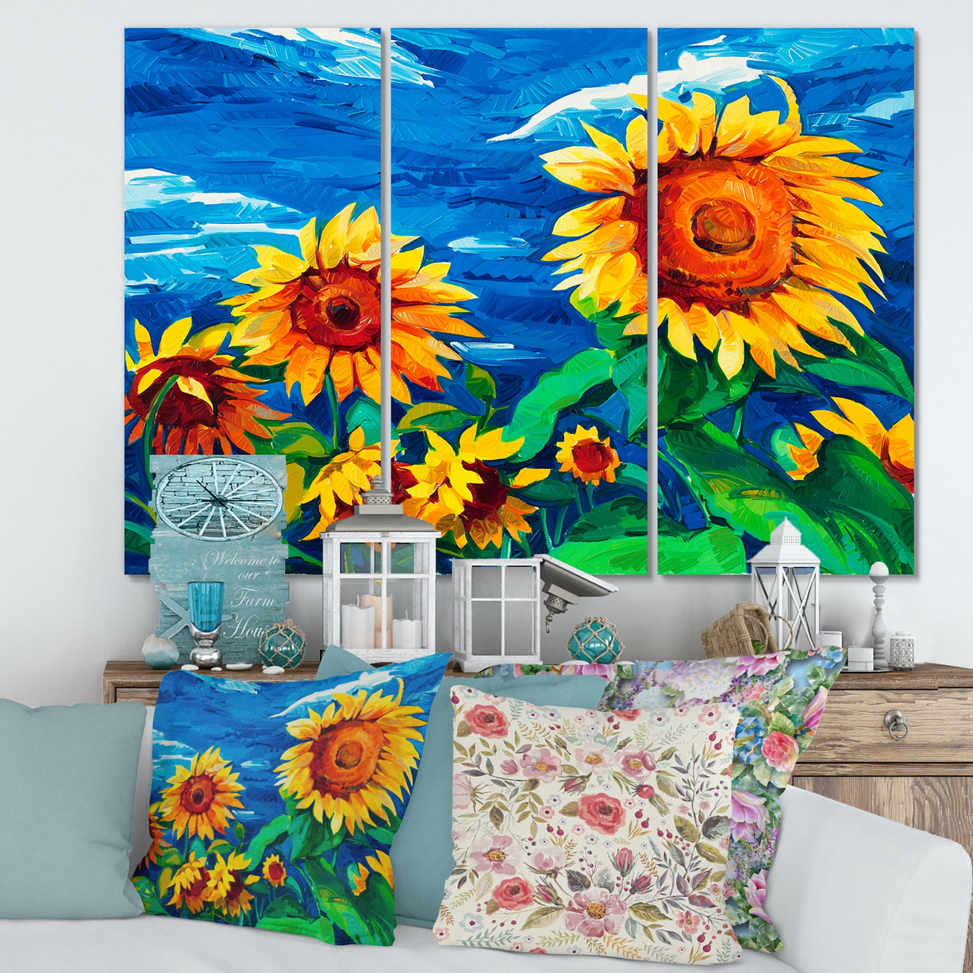 Designart ' Sunflowers Field Under A Bright Blue Sky ' Traditional Canvas Wall Art Print