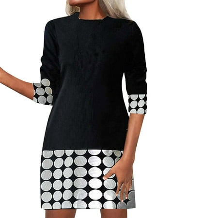 DVKOVI Womens Work Dresses Corset Dresses Women s Fashion Casual Long Sleeve Print Round Neck Half Sleeve Dress Mini Dress White L