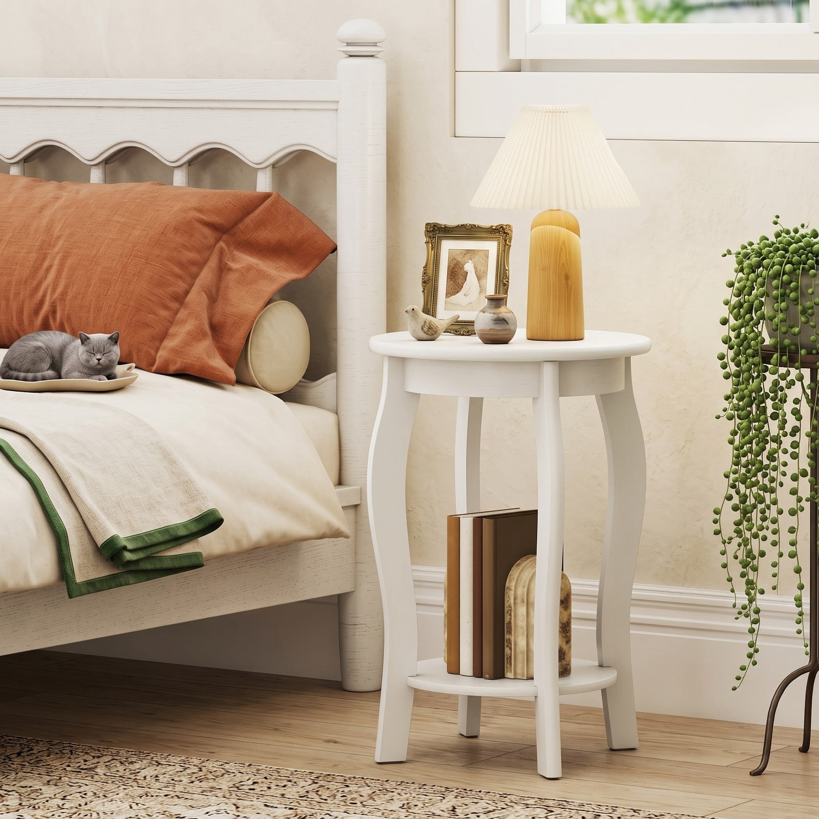 Furnibear Set of 2 Round End Tables, 15 Inch 2-Tier Side Table with Storage Shelf, Rustic Nightstand Sofa Table with Rubber Wood Legs for Living Room, Walnut & White