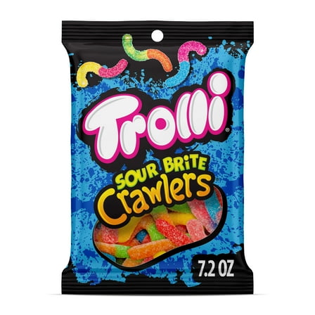 Trolli Sour Brite Crawlers, Candy, Cherry-Lemon, Strawberry-Grape & Orange-Lime, Sweet and Sour, Gummy Worms, 7.2 oz Bag