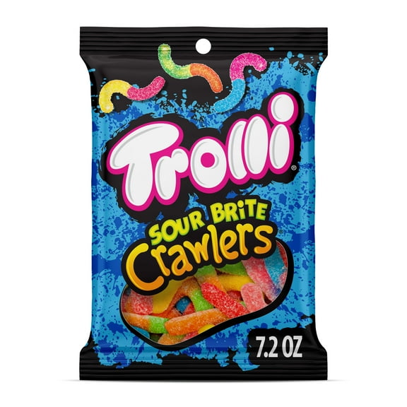 Trolli Sour Brite Crawlers, Candy, Cherry-Lemon, Strawberry-Grape & Orange-Lime, Sweet and Sour, Gummy Worms, 7.2 oz Bag