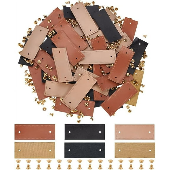 60 Sets PU Leather Label Handmade Tag with Rivets 3 Colors 1.96x0.78inch Clothing Labels with Hole Rectangle Shape Blank Handmade Leather Tag for Sewing Clothing for DIY Decoration