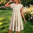 thumbnail image 2 of Little Girls Dresses Solid Color Round Neck Puff Sleeve Kids Party Outfit Girls Beach Dress Size 8-9T, 2 of 6