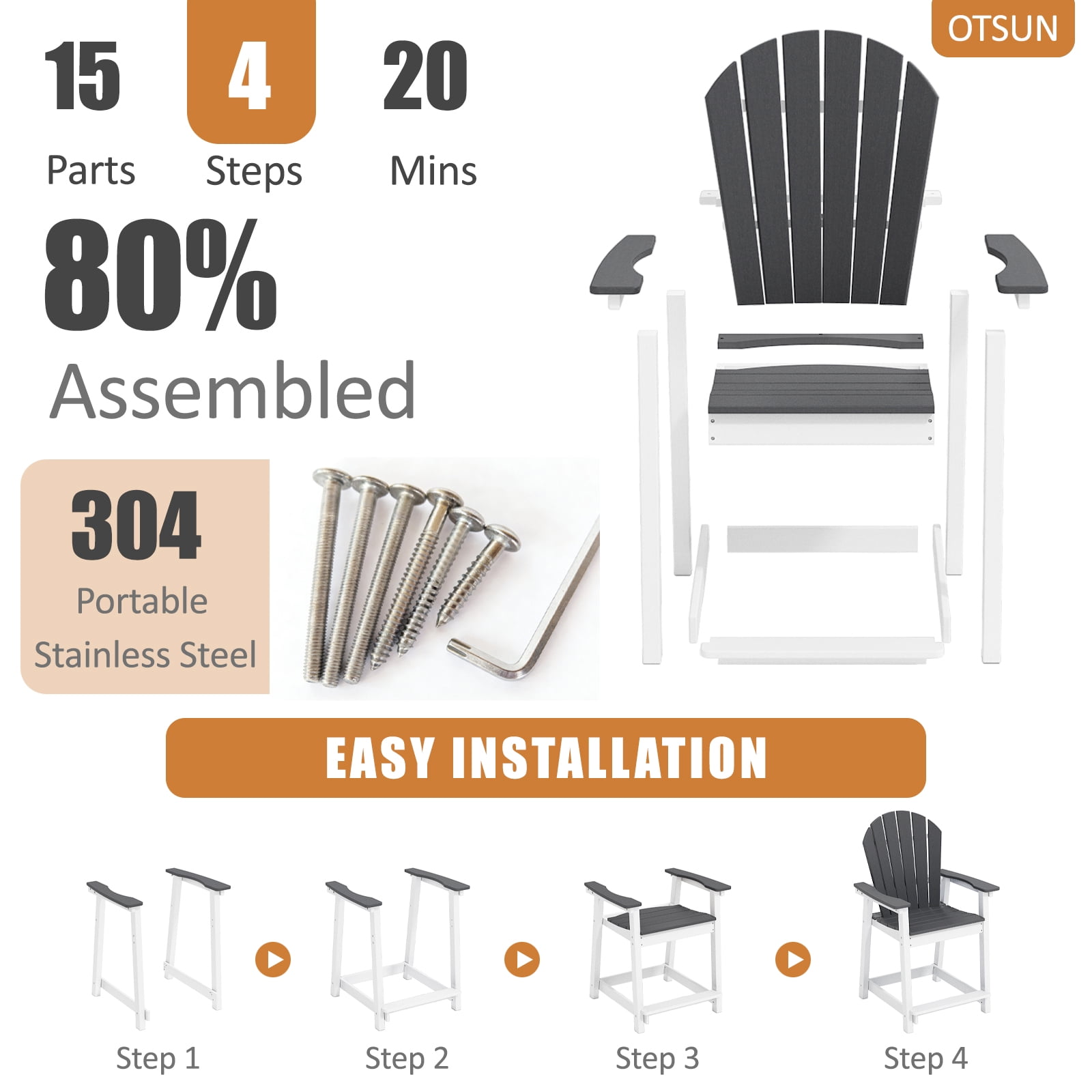 OTSUN Tall Modern Adirondack Chair, All Weather HDPE Bar Height Adirondack Stools Two-Color Widened Durable Design for Porch Patio Yard Lawn Fire Pit Bistro Basement Indoors & Outdoors