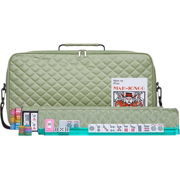 American Mahjong Set “Green - Quilted PU Leather Carrying Bag with Shoulder Strap & Handles, All-in-One Tile Racks with Pushers, 166 Engraved Tiles, Dice, Bettor, Extra Tiles & Instructions