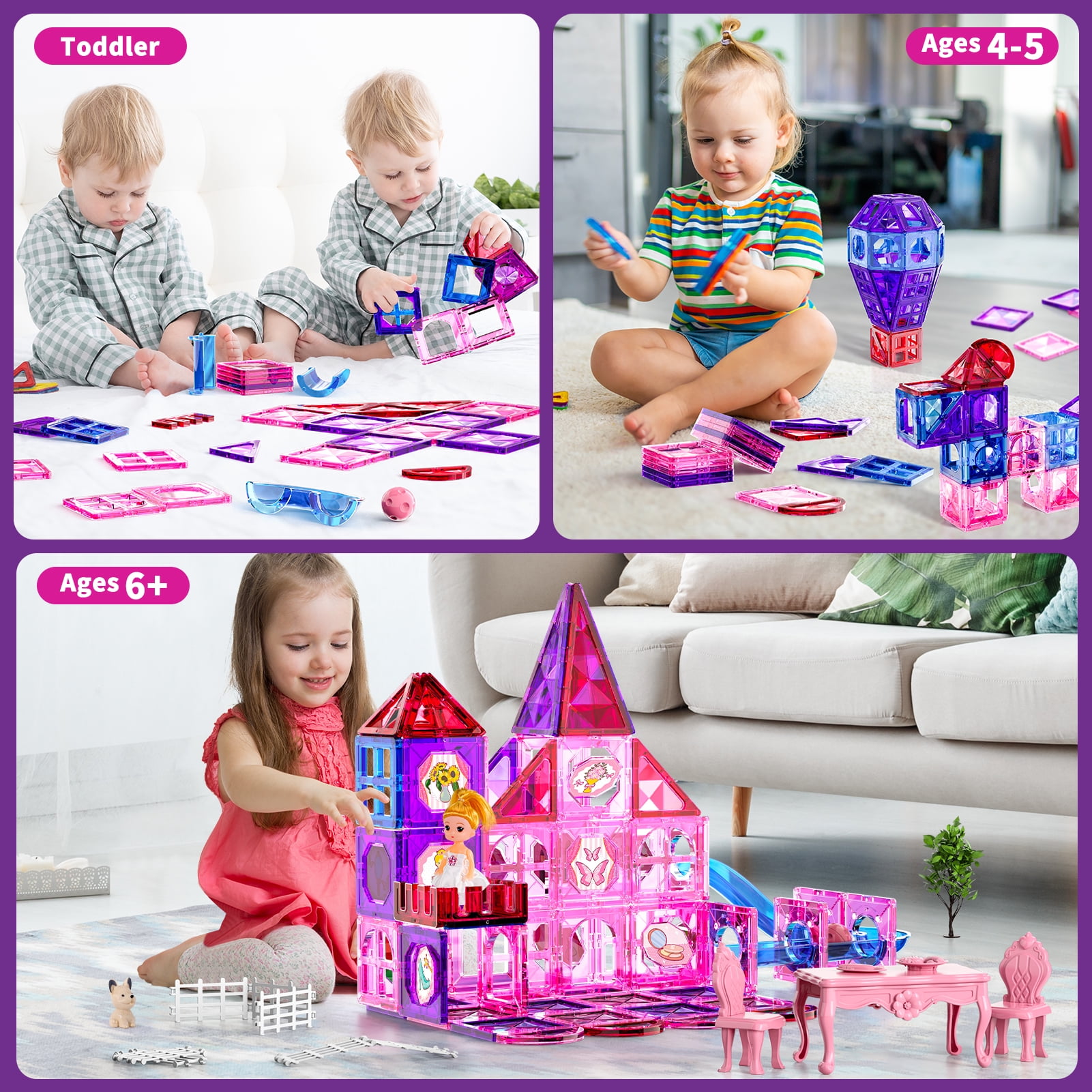Lucky Doug 66 PCS Magnetic Tiles for Kids Girls, Construction STEM Building Blocks Educational Toy, Building Toys for Girls Ages 3+