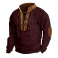 thumbnail image 6 of SHIXINCHIL Men's Lace Up Color Block Patchwork Long Sleeve Sweatshirts Big and Tall Casual Fashion Banded Collar Pullover Tops Workout Athletic Outdoor Hiking Sweatshirt Wine S, 6 of 7