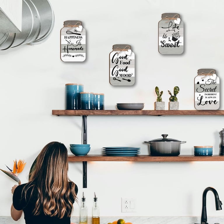 4-Piece Funny Kitchen Wall Signs – Rustic Farmhouse Decor With Metal Hooks