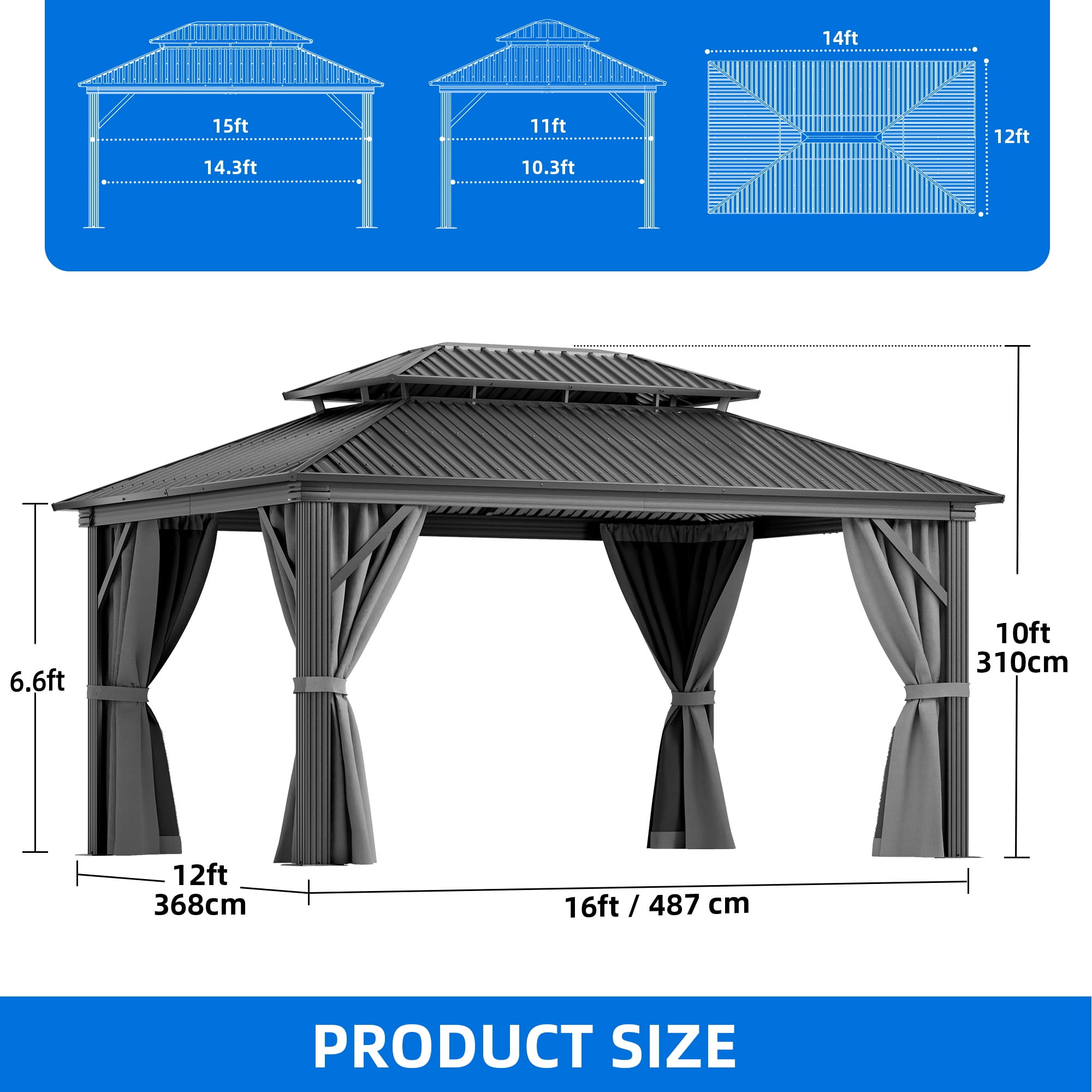 Dextrus 12x16 FT Outdoor Double Roof Hardtop Gazebo,Heavy Duty Galvanized Steel Patio Gazebo with Netting & Gray Curtains, Sunshade for Garden, Patio, Lawns, Black&Gray