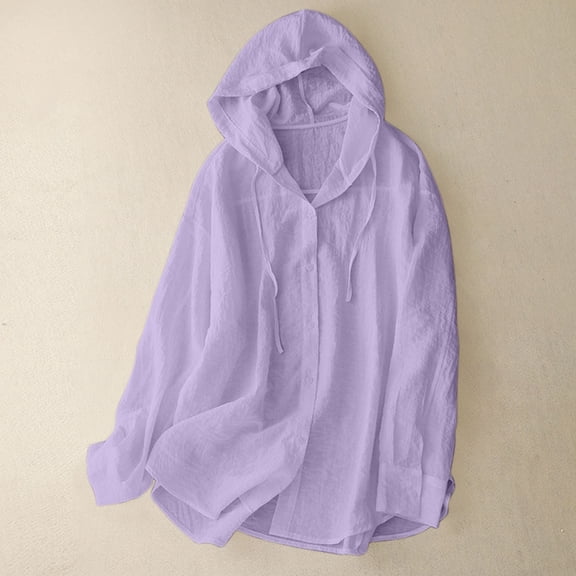 DAFPZW Cotton Linen Hoodies for Women Button Down Sun Protection Shirts Casual Long Sleeve Blouse Summer Vacathion Beach Tops