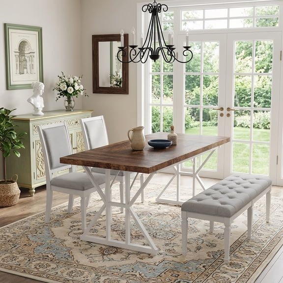 Farmhouse Dining Table For 6 People, 70.8-Inch Rectangular Rustic Wood Table With Heavy Duty Metal Trestle Legs, Multifunctional Kitchen Table For Dining Room (Brown&White)