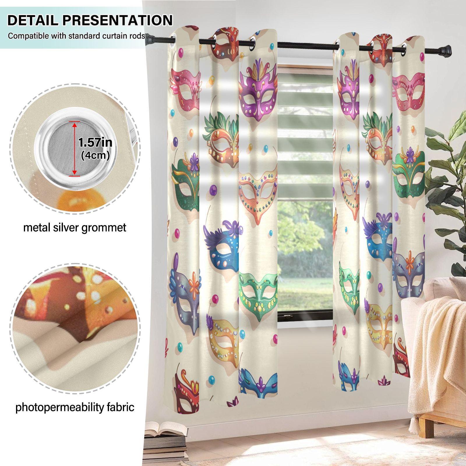 Carnival Masks Beads Blackout Curtains Thermal Insulation 63 inch Grommet for Bedroom Living Room Bathroom Kitchen Windows 2 Pack