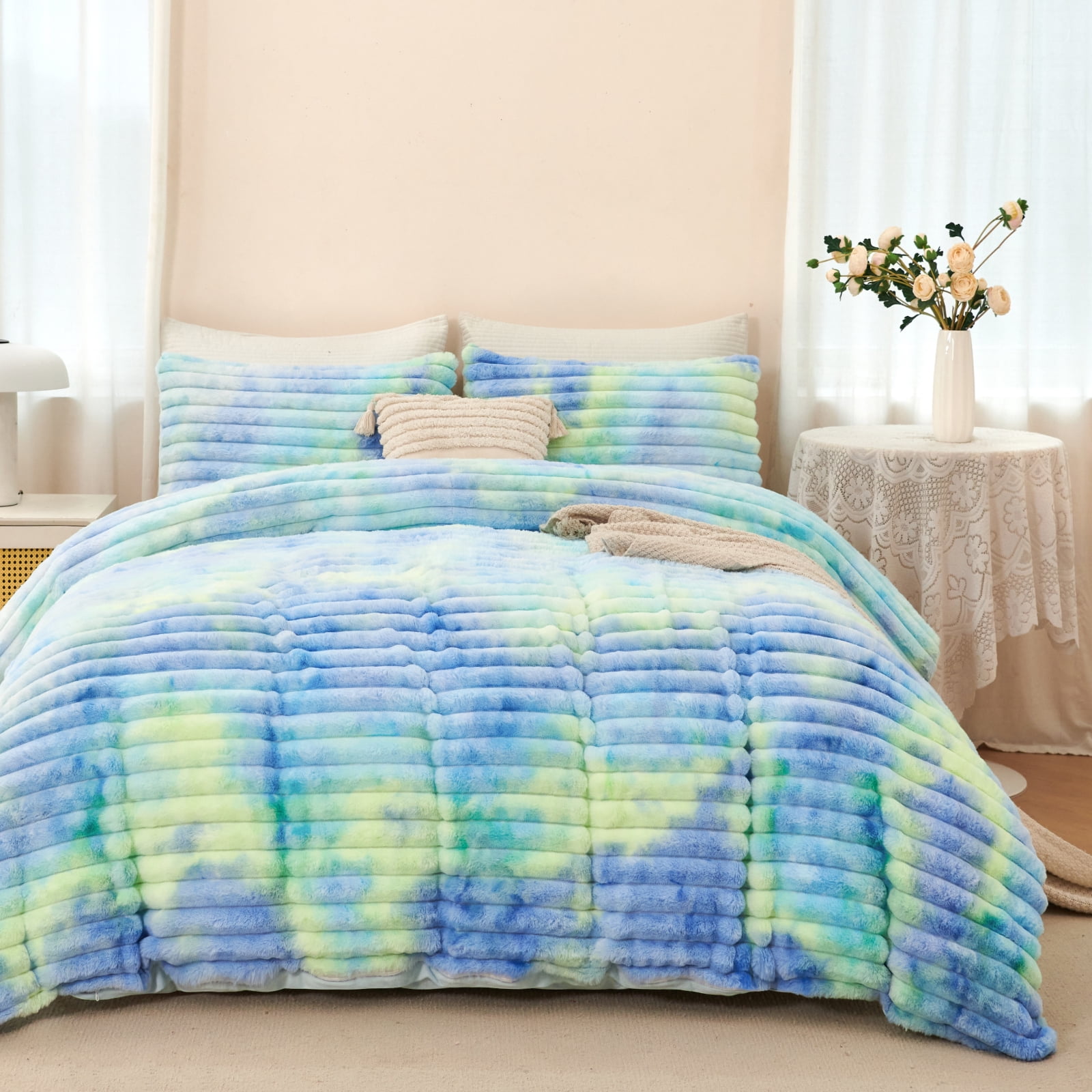 ZRNBAST Fluffy Queen Comforter Set, Tie-dye Blue Green Plush Fleece Bedding, Super Soft Faux Fur Bed Set, Soft Warm Comforter All Season with 2 Pillowcases(Blue Green,Queen)