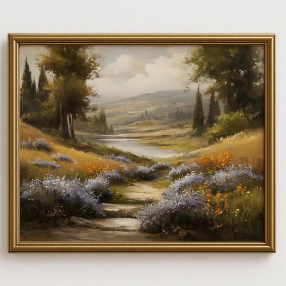 Rustic Countryside Wall Art, Path With Wildflowers And Trees In Rolling Hills, Farmhouse Autumn Decor Home Decor #1191, Unframed Poster Size 8x12