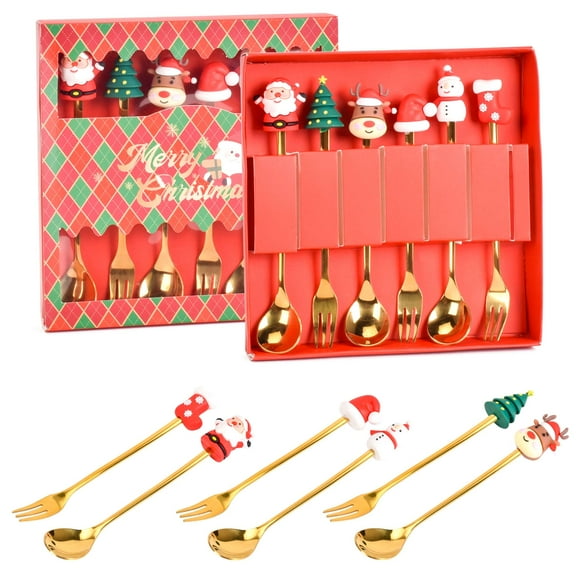 Deago 6 Pcs Christmas Coffee Spoon Dinner Forks Stainless Steel Christmas Spoon Xmas Dessert Tea Spoons with Reindeer Santa Christmas Tree Snowman Creative Tableware Gift