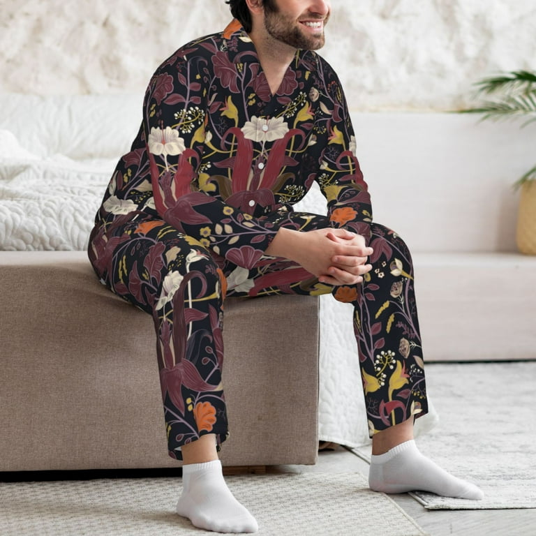 Mens Pajamas Set plants flowers A Soft Comfy Long Sleeve Button Up Pajama Sets for Men 2 Piece Sleepwear Nightwear Pjs Lounge Sets for Men with Pockets Walmart