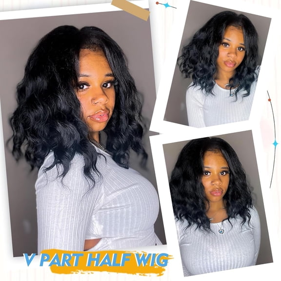 SHILIU-V Part Bob Wigs Short Black V U Part Wig No Sew in Glueless Clip in Hair Wigs for Black Women 16Inch Natural Looking Synthetic Bob Half Wig