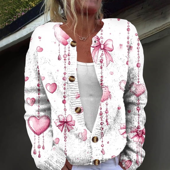 Valentine's Day Cardigan Sweaters for Women Spring 2026 Trendy Lightweight Heart Pattern Sweaters Loose Button Up Knit Tops