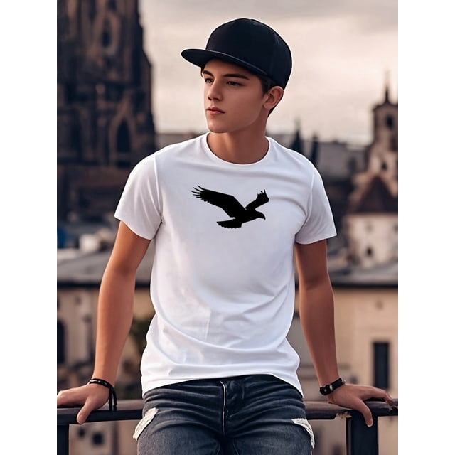 Youth Casual Short Sleeve T-Shirt with Eagle Graphic Print - Lightweight Stretch Knit Fabric, Regular Fit Round Neck Tee for Spring Summer Outdoor Sports & Casual Attire, Comfortable Knitwear