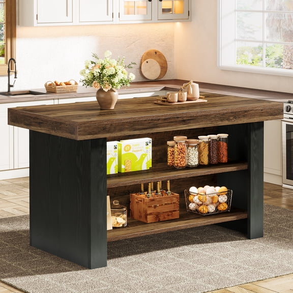 55" Kitchen Island with Storage, Farmhouse Center Island Table with Open Shelves for Kitchen, Dining Room, and Living Room, Brown & Black