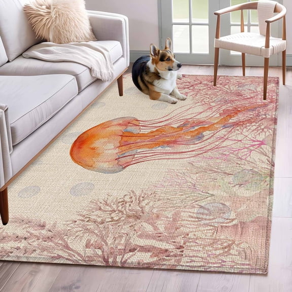 Coral Jellyfish Coastal Area Rugs 2.7'x5', Washable Small Throw Rugs for Kitchen Bedroom, Summer Ocean Coral Pink Linen Indoor Outdoor Rug Non-Slip Low Pile Carpet Runner Reversible Floor Mats
