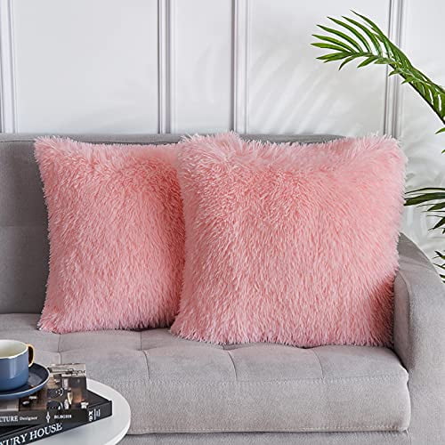 Oyang Shaggy Plush Faux Fur Pillow Covers Set of 2, Fluffy Soft Soild