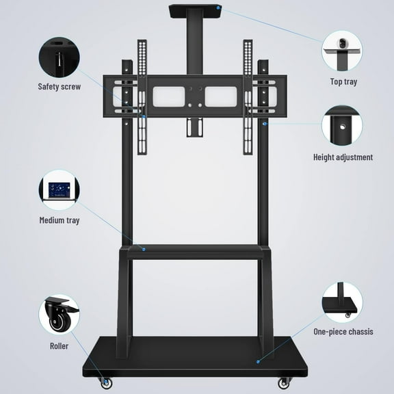OmninexHub TV Stand With Wheels for Living Room And Office, Height Adjustable Mobile TV Cart for 40-75 Inch TV Screens, Swivel Mount Portable TV Stand With Rolling Casters And Shelf