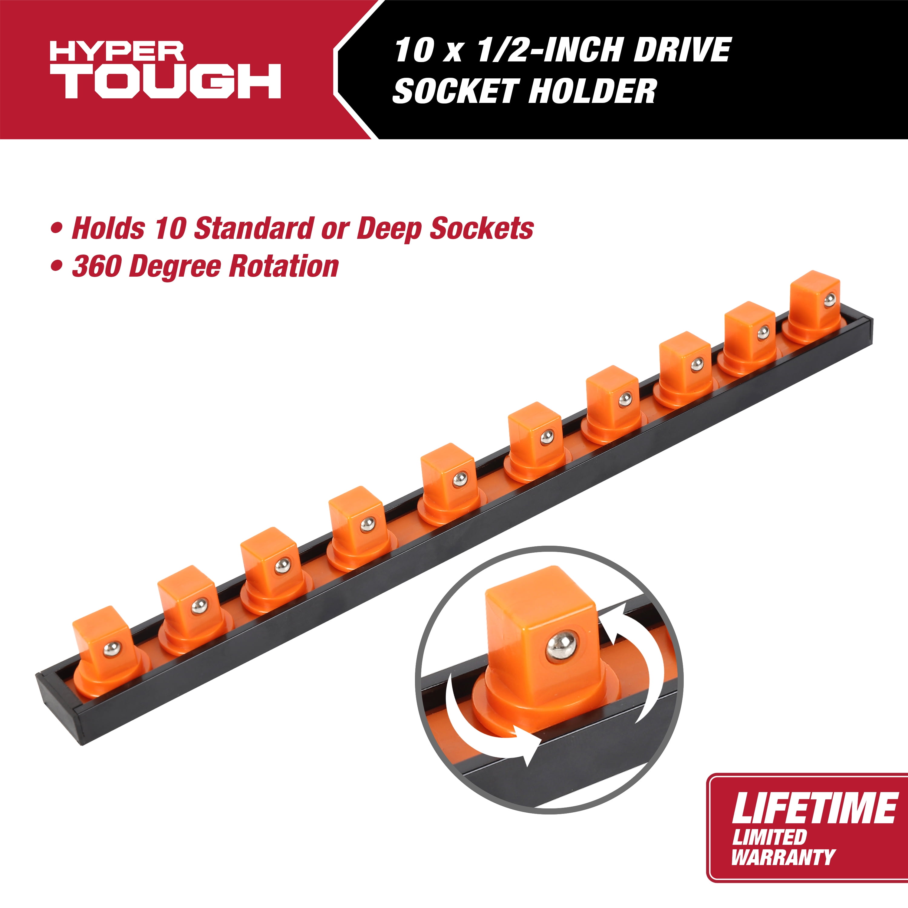 Hyper Tough 1/2-inch Drive Socket Rail Organizer, Orange